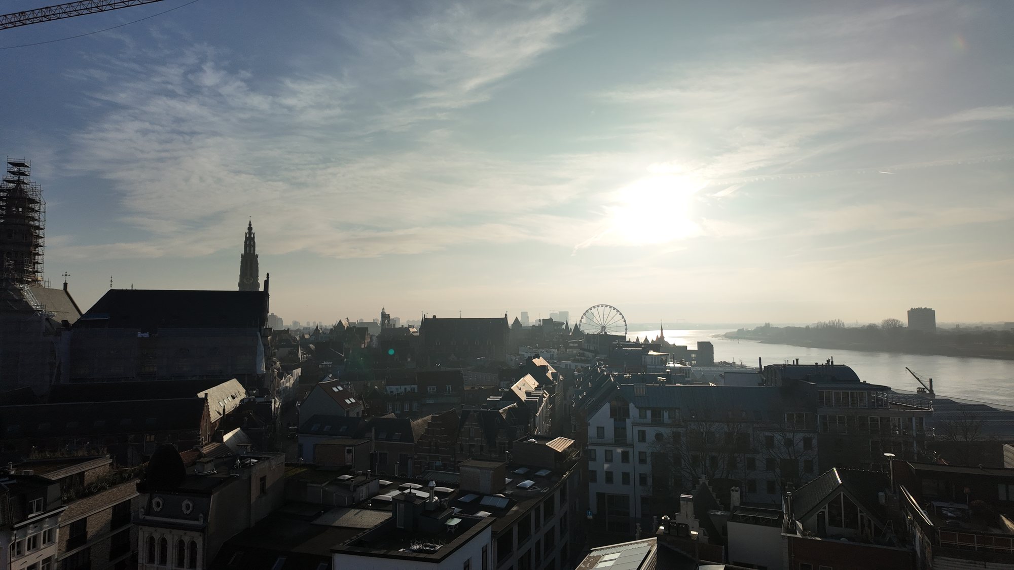 Golden-hour silhouette of Antwerp's skyline, cathedral spire, ferris wheel, and the Scheldt river, taken from an elevated vantage point